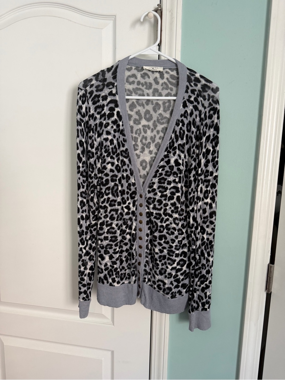 Zenana Outfitters Gray Leopard Print Button-Up Cardigan